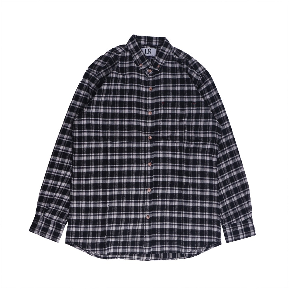 1019 Kemeja Panjang Flanel Pria Dark Brown list Black White Vintage