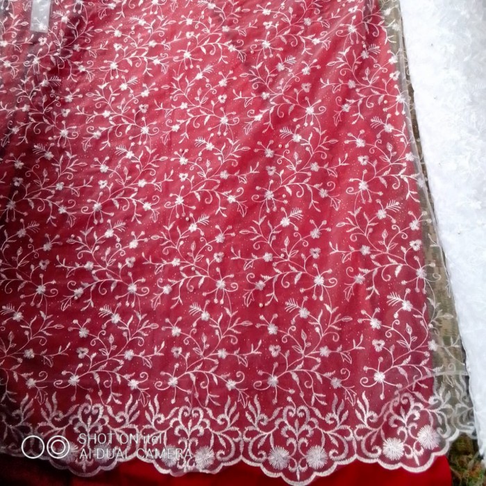 50cm Kain Kebaya Putih White Tile Tulle Mutiara Brukat Broklat