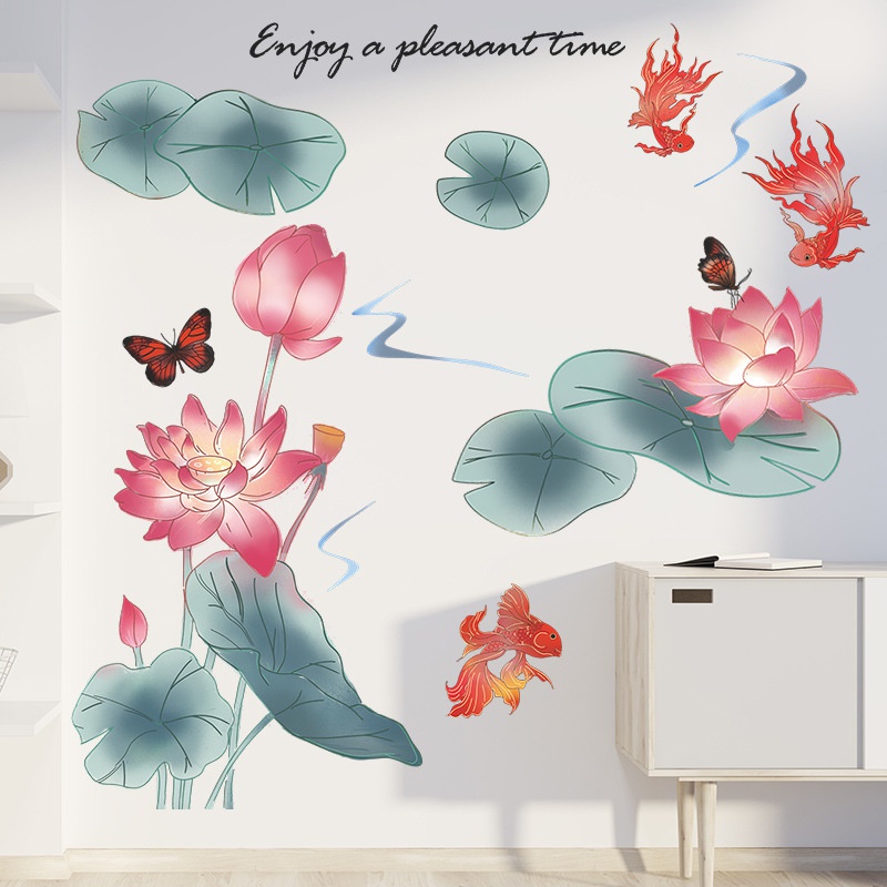 2pcs / set Stiker Dinding Desain Lotus Pond Dan Lotus Koi Butterfly Floral Gaya China Untuk Dekorasi Kamar Tidur