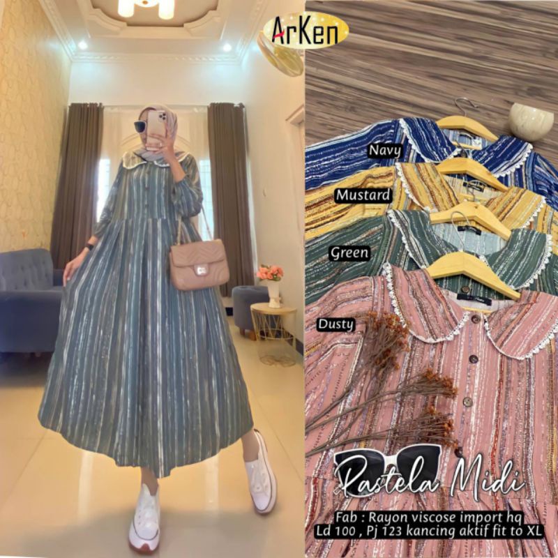 PASTELA MIDI DRESS by Arken ; Gamis wanita rayon viscose adem busui jumbo berkualitas