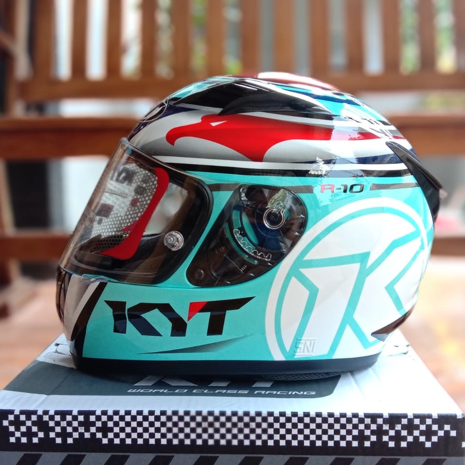 Helm KYT R 10 Aqua Aquamarine Flat Visor & Pinlock Ready Blue Red Fluo