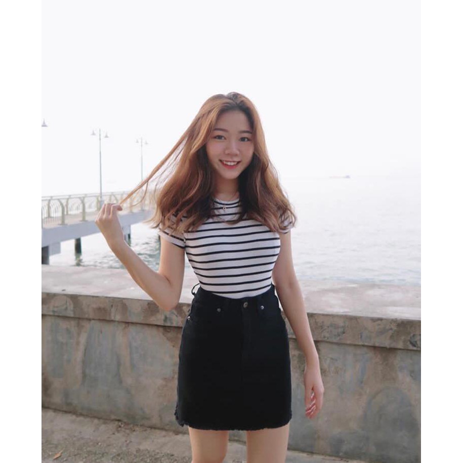 rok mini hitam unfinished cut rumbai bawah rok pendek hitam polos JSK 5031