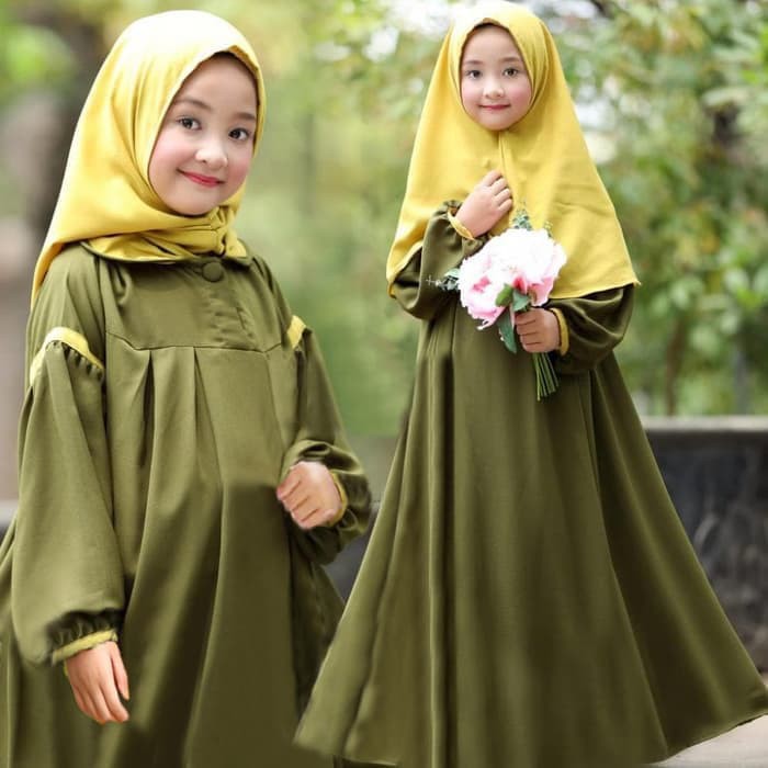 Ready      [Syari Odelia Kids Army SW] Baju muslim anak perempuan wollycrepe army