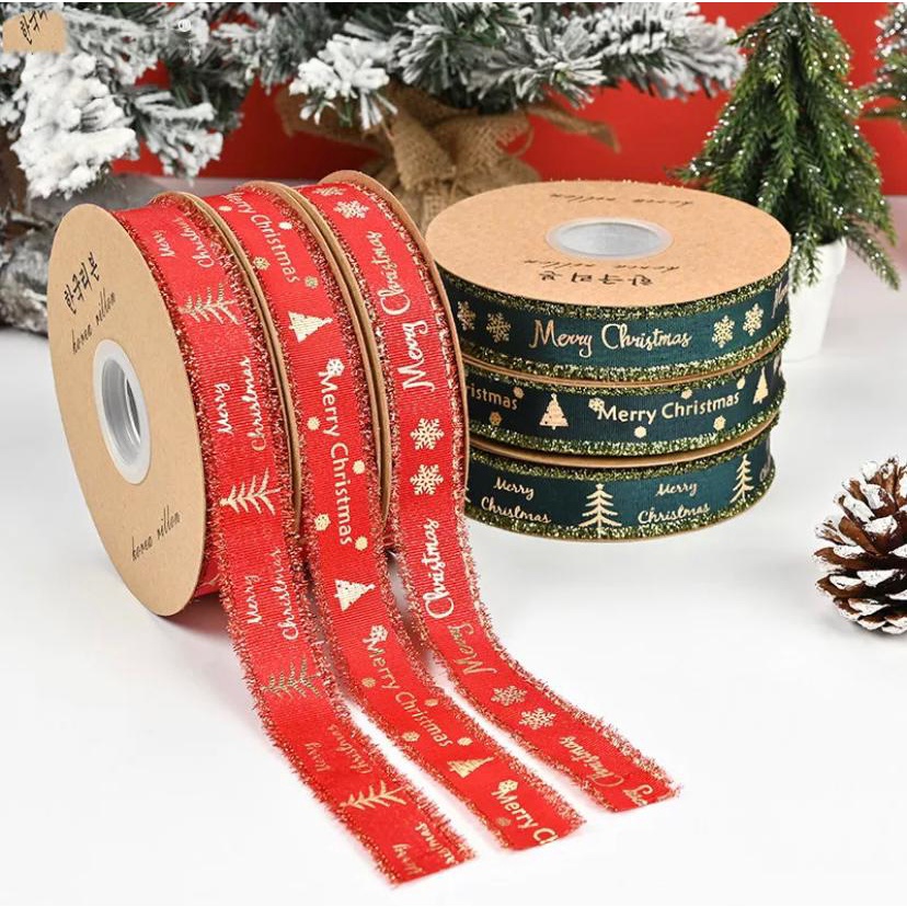 

1 Meter Pita Natal Bulu Christmas Ribbon Emboss Gold Pita Packing Kado