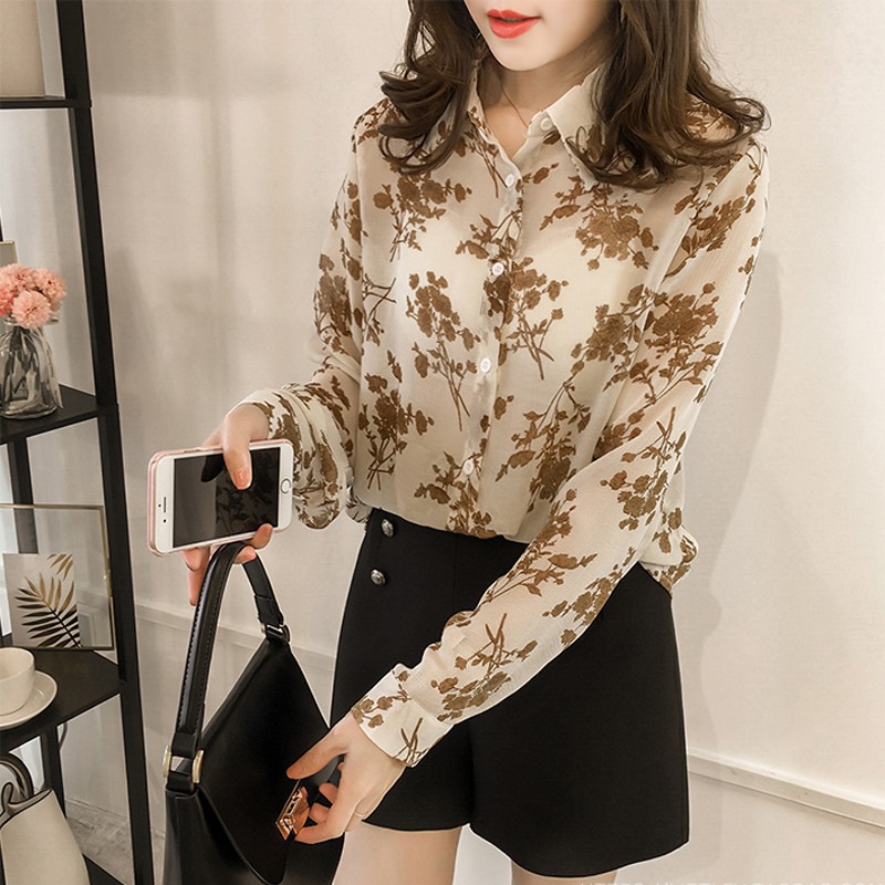 Kemeja Sifon Longgar Lengan Panjang Motif Bunga