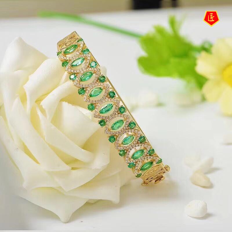 [Ready Stock]Luxury New 18K Gold Natural Emerald Bracelet