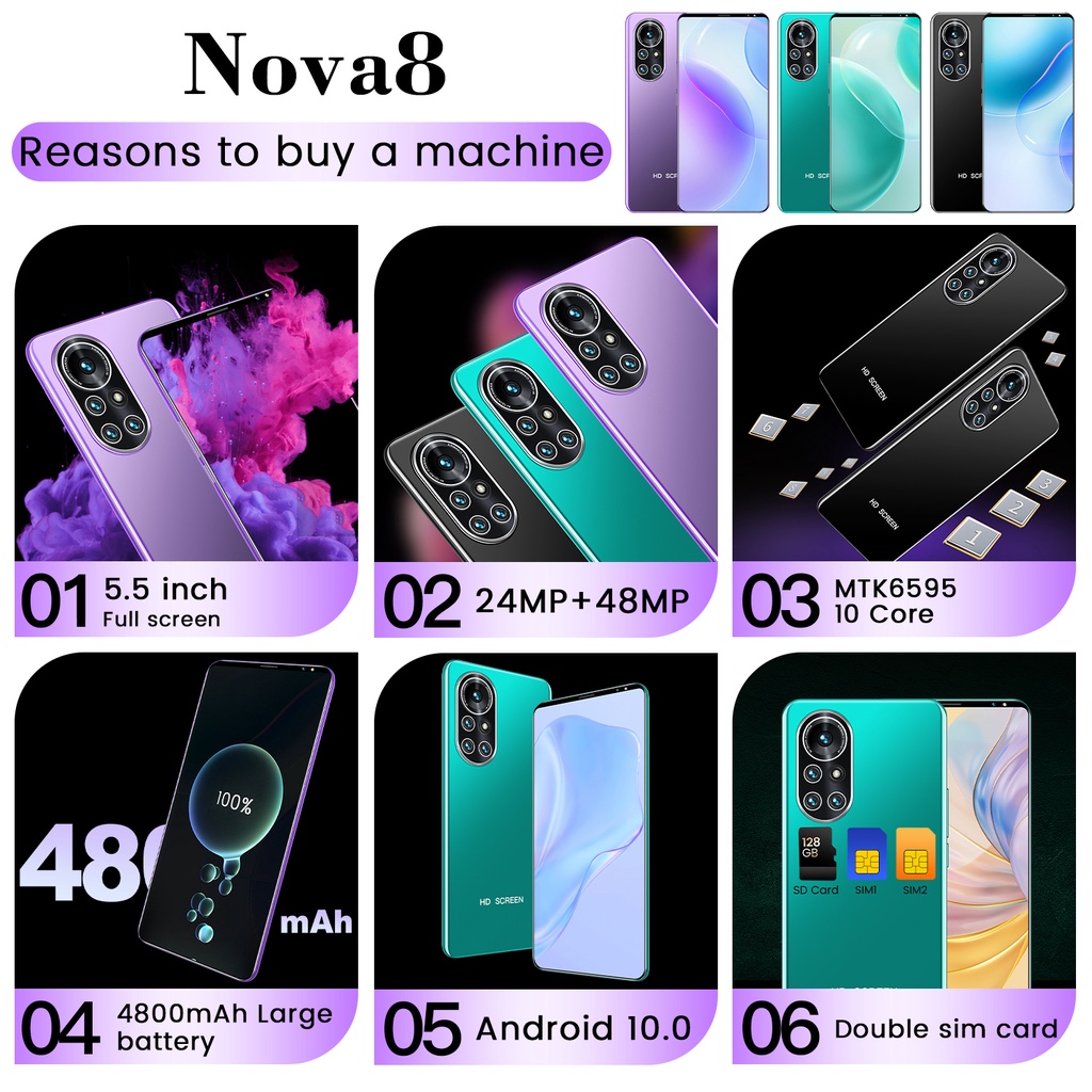 【Hot Sale】2022 smartphone murah asli nowa 8 pro 8 + 256GB 6.5Inci 5G layar tinggi android 10.0 bisa COD ponsel pintar Best Gaming Performance Cellphone