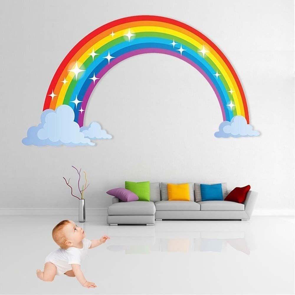 【 ELEGANT 】 Wall Sticker Besar 70*43cm Glitter Removable Motif Pelangi Warna Warni Dekorasi Rumah