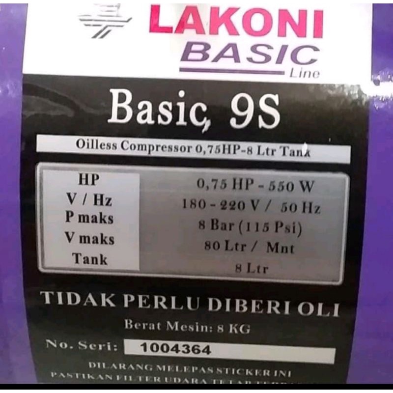 Kompresor Lakoni Basic 9S Kompresor Silent Oilles 0.75 HP Compressor 9 S LAKONI