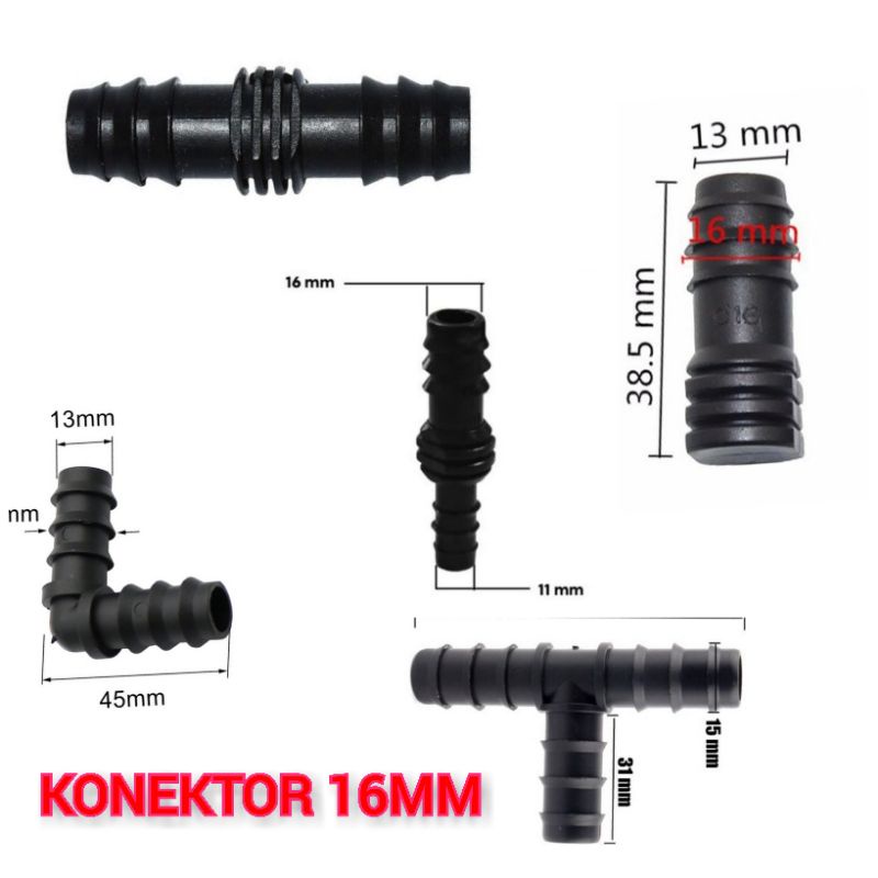 konektor uniring 16/25    tee 16mm nepel tee 16mm elbow 16mm reducer tee 16mm/ dan end plug dup 16mm