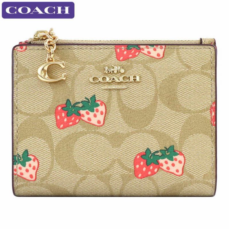 Coach Small Wallet In Signature Canvas Strawberry Khaki