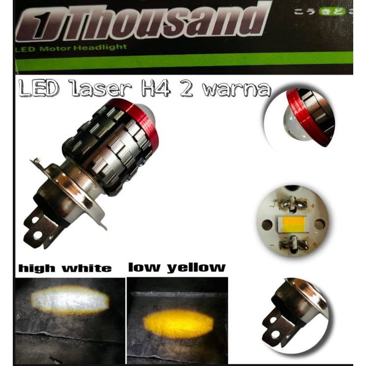 LAMPU DEPAN LED SUPER TERANG AC DC 1-THOUSAND SOKET H4 & H6 LASER 2WARNA PUTIH KUNING