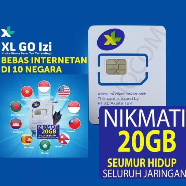 Kartu internet Perdana XL GO IZI Kuota 20GB 4G LTE Full Reguler 24 Jam 10 negara