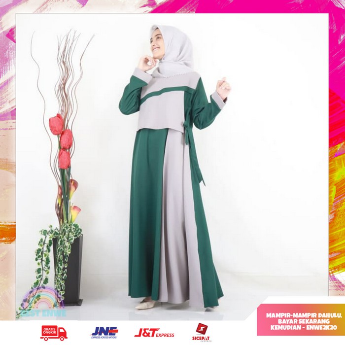 Baju Gamis Syari Wanita Muslimah Hijau Abu-Abu / Gamis Syar'i Model Dress / Gamis Dress Casual
