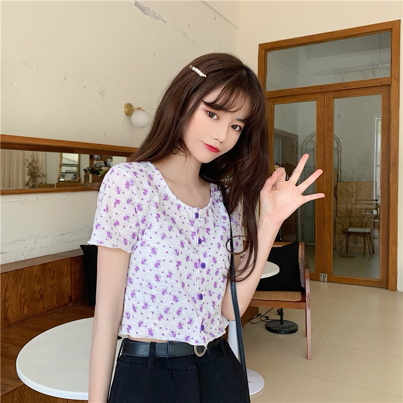 yikoo-Atasan cetak vintage crop top floral wanita korean