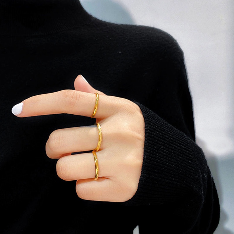 Set dari 3 Cincin Titanium Wanita Anti Karat Asli simple Premium Emas 18K Korea Aksesoris Wanita