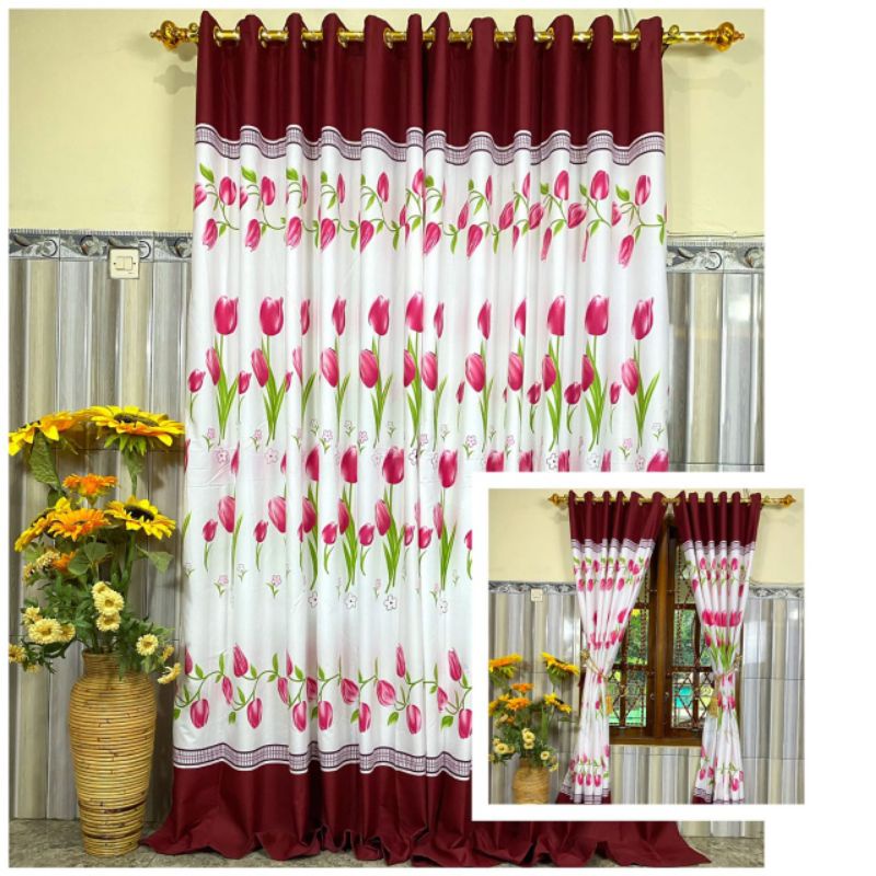 gorden smokering 12 motif bunga tulip biru laut dan tulip maroon