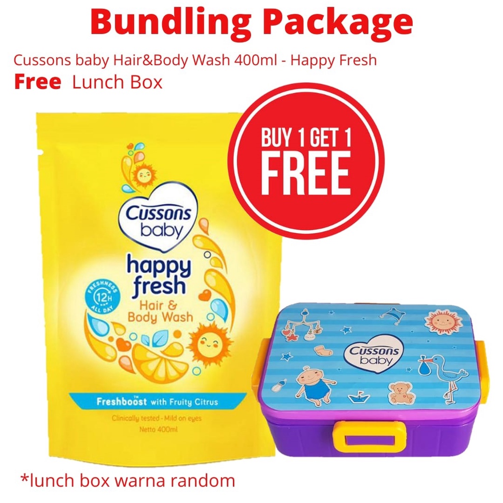 *HAZELCARE* CUSSONS BABY Hair &amp; Body / Mild Bath Sabun Mandi Cair 400ml 100ml - Happy Fresh Free Lunch Box