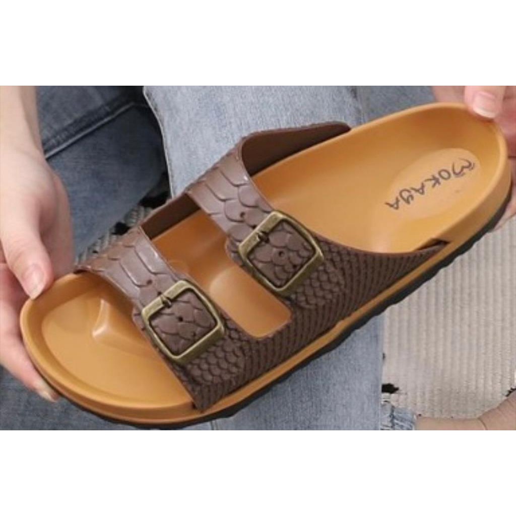 Sandal Slop Wanita Jelly Ban 2 Gesper Besi Motif Ular Super Keren Elegant Import Mokaya / Size 36-40 (8038-1)