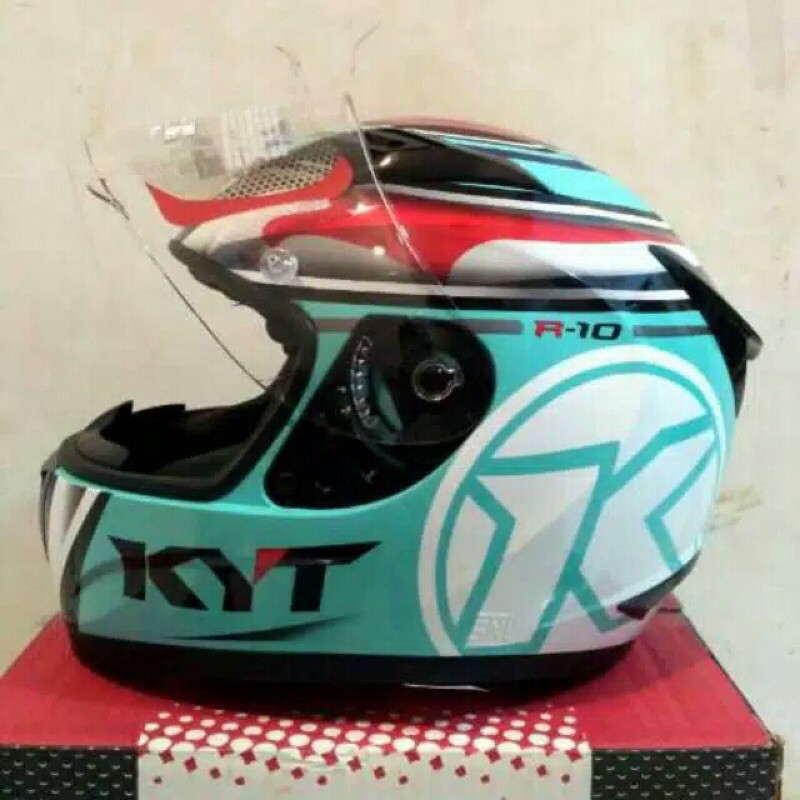 KYT R10 AQUA BLUE RED FLAT VISOR & PIN