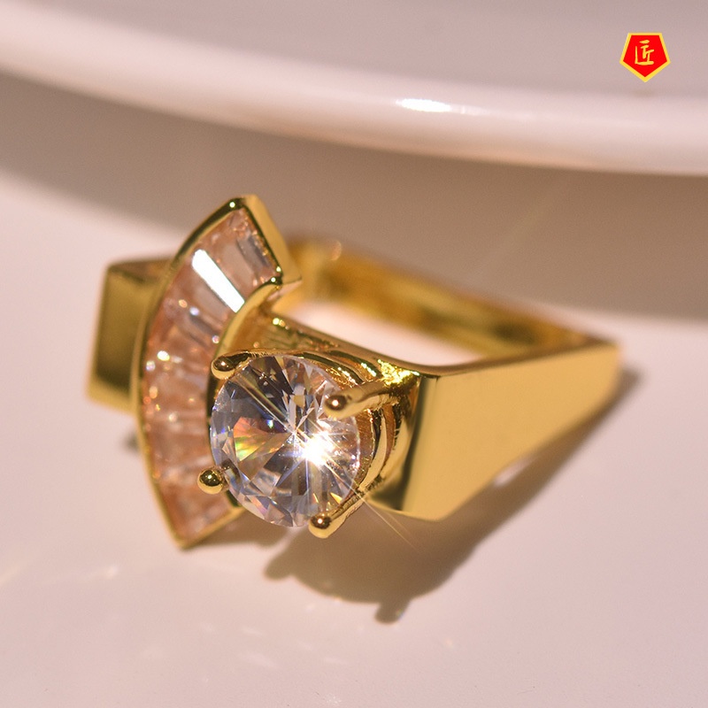 [Ready Stock]Inlaid Trapezoidal Square Diamond Ring 18K Gold Creative Personality