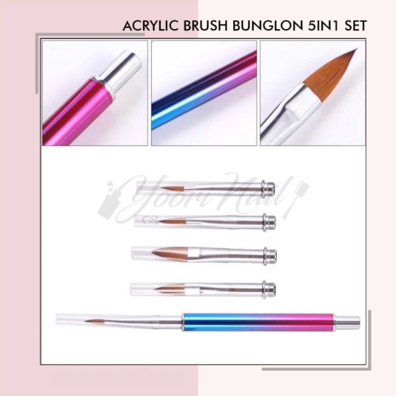 5in1 acrylic brush bunglon set kuas nail art acrylic 3d 5 in 1