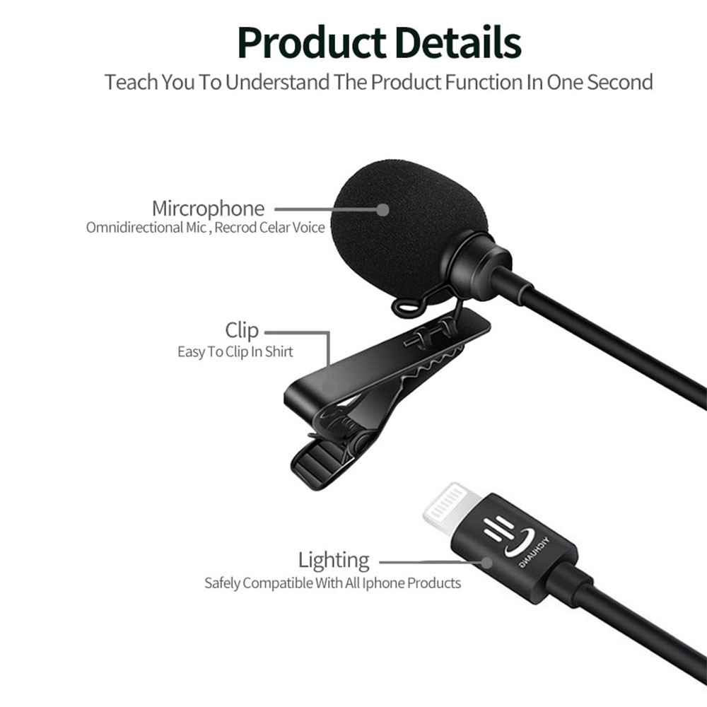 TaffSTUDIO Microphone Clip-on Lightning Plug Lavalier iPad iPhone JH-041 - Black