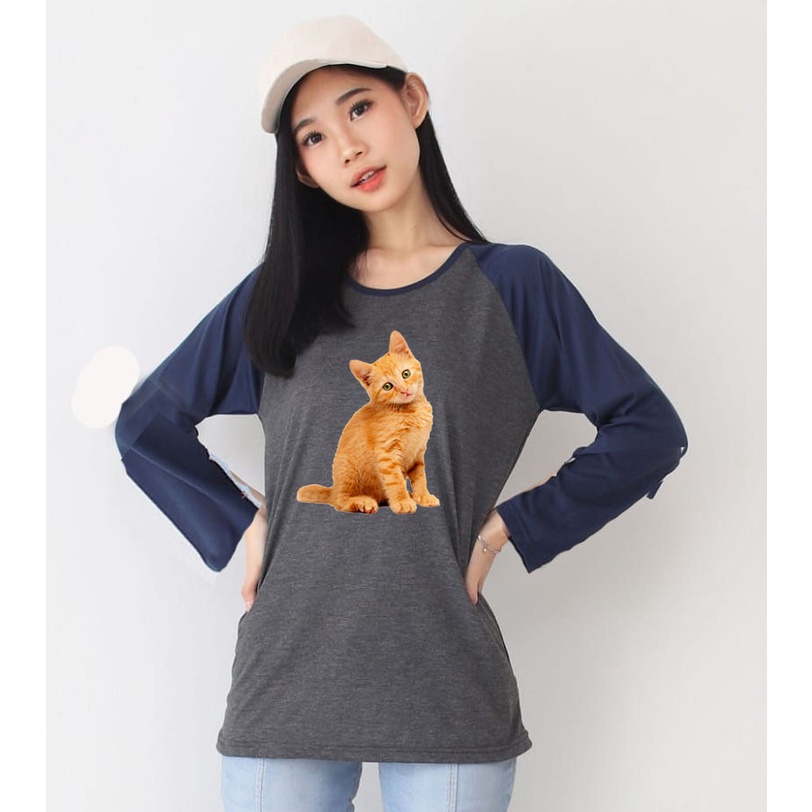 Kaos Raglan Abu Tua Lengan Panjang Gambar Kucing