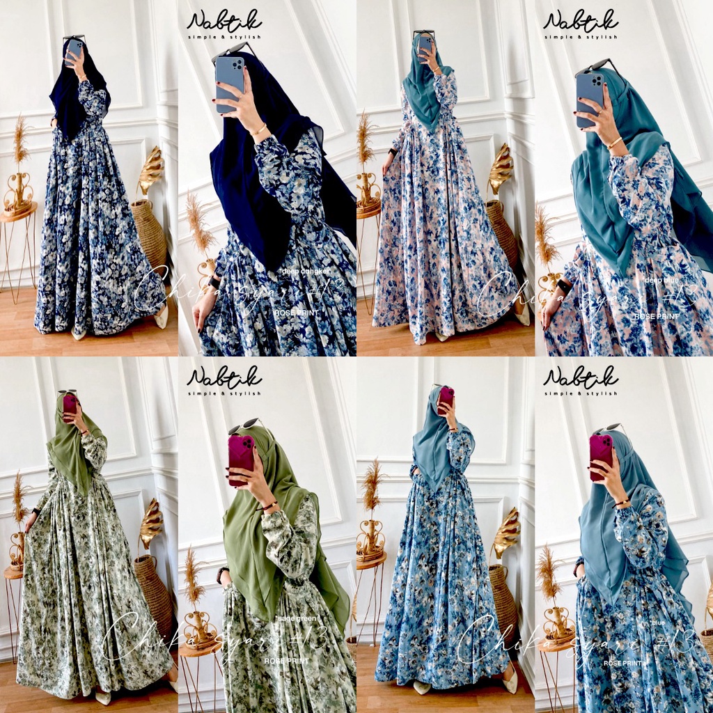 GAMIS CHIKA SYAR'I #13 ORIGINAL BY NABTIK DRESS SYAR'I GAMIS ROSE PRINT TERBARU BY NABTIK