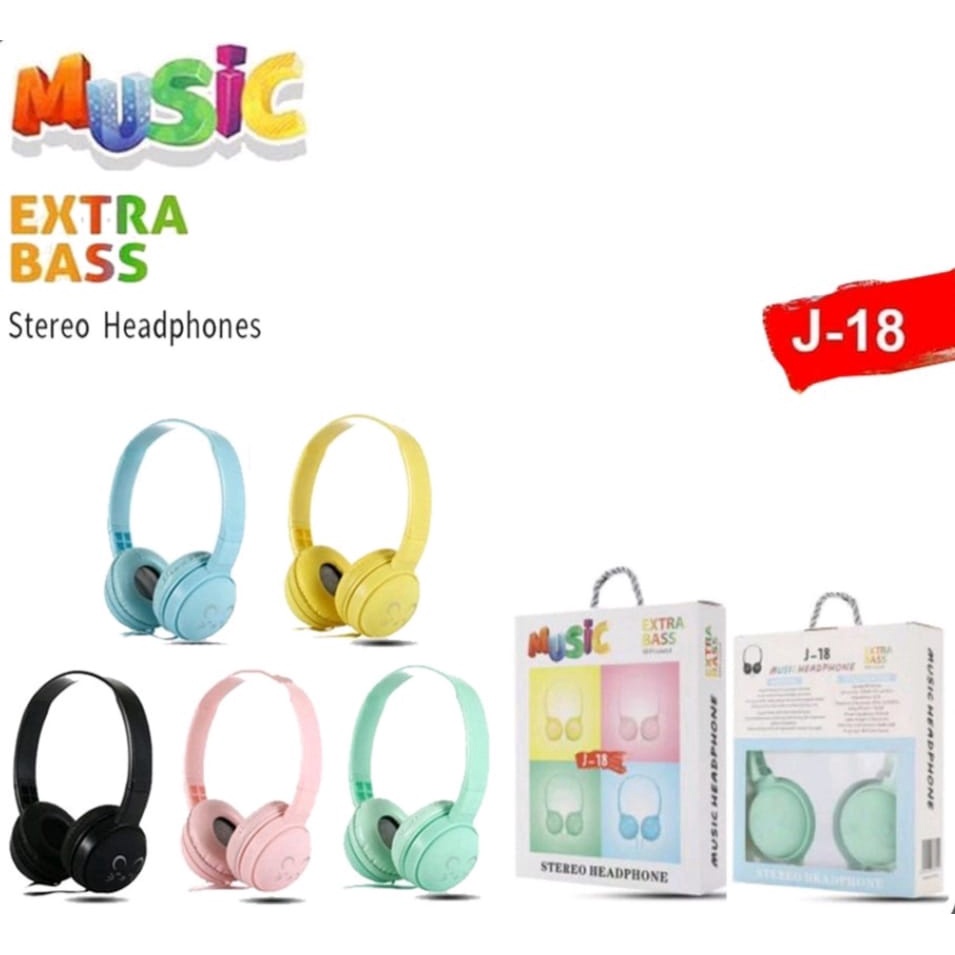 Headset-Headphone-Earphone Macaron J18 Stereo Extra Bass-Full Bass-Headset Gaming-Headset Trendy Motif Lucu j18 Macaron