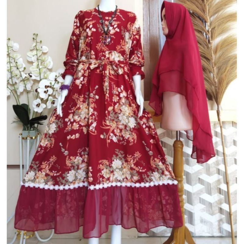 (BISA COD)GAMIS SET HIJAB MONALISA RENDA/SYAR'I CERUTY DOBEL 2LAYER/BUSUI/REALPICT/TERLARIS/TERMURAH-MAROON
