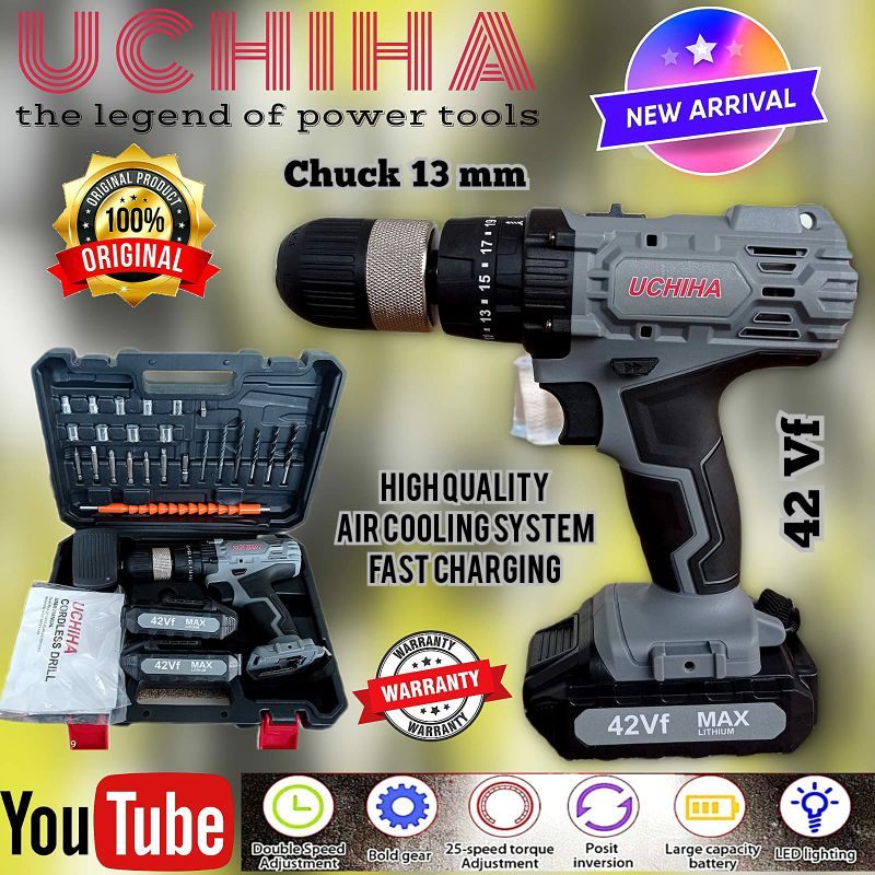 Mesin bor tanpa kabel baterai cordless 42 volt 13mm beton besi kayu full set pilihan 25 torsi UCHIHA