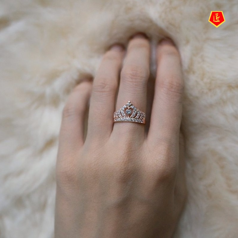 [Ready Stock]Graceful and Fashionable 18K Rose Gold Full Diamond Crown Ring