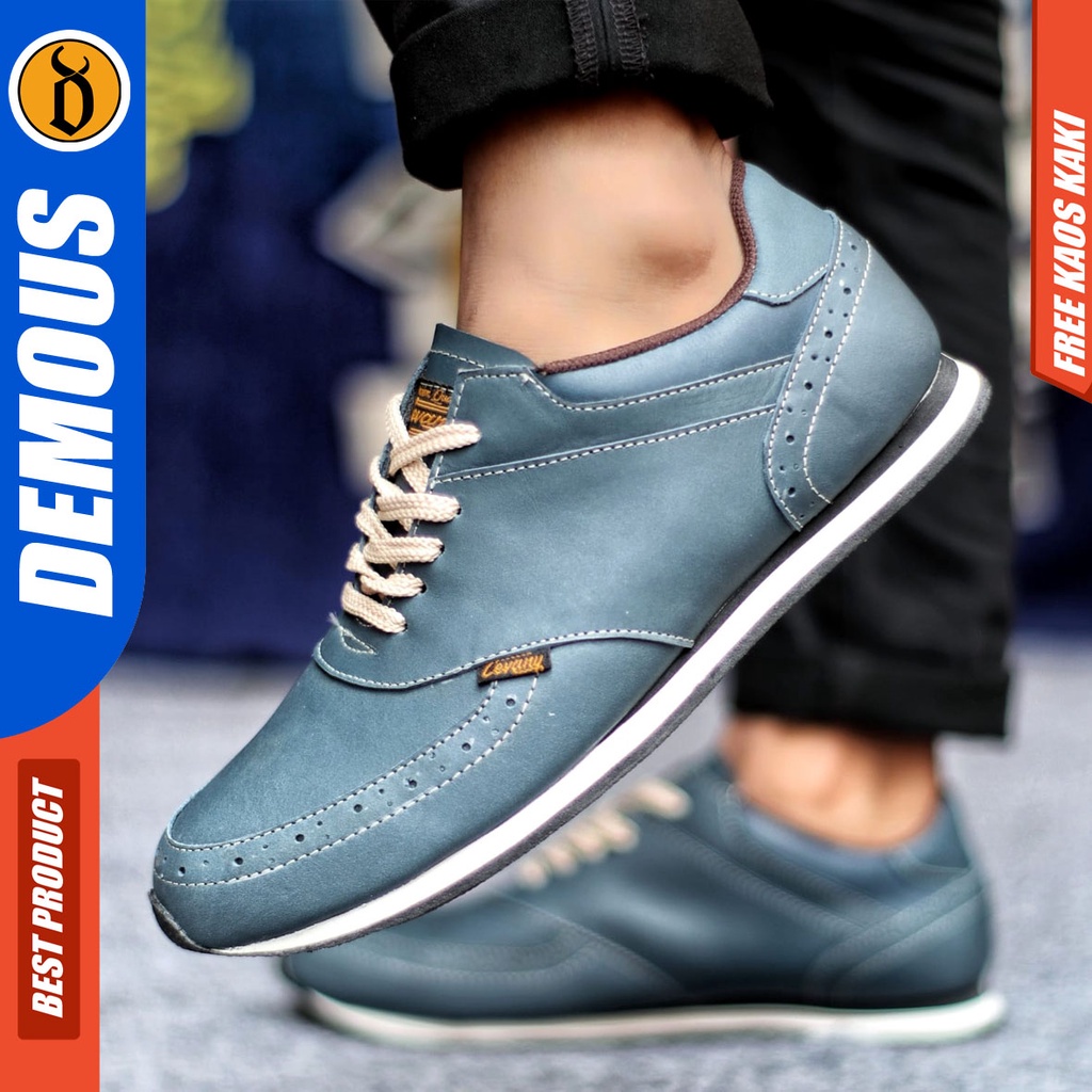 Sepatu Sneakers Kasual Pria Kulit Asli Hitam Demous Erza