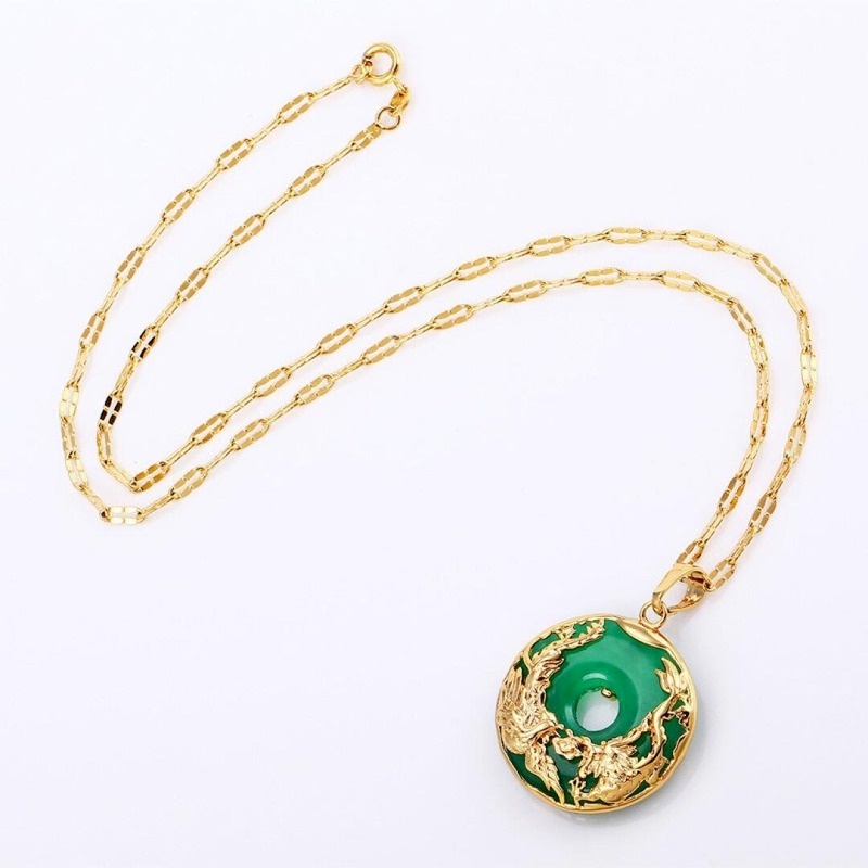 [Ready Stock]Fashion Gold-Plated Inlaid Emerald Pendant Dragon and Phoenix Necklace