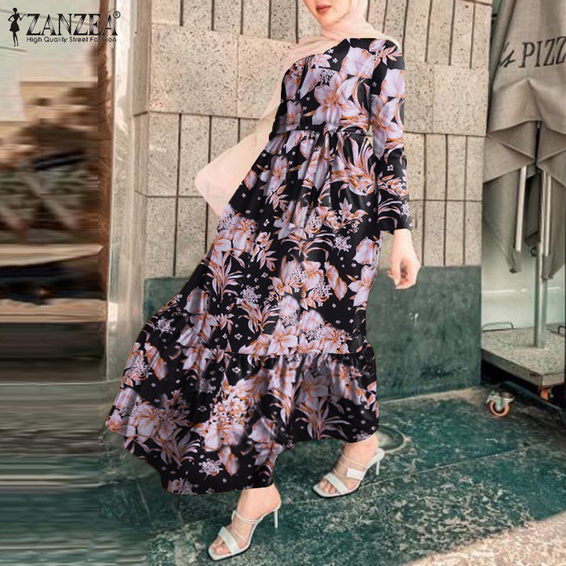 ZANZEA Women Elastic Waist Belted Patchwork Floral Printed Muslim Maxi Dress