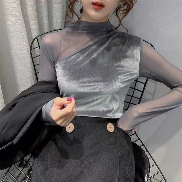 Korean Lace Half Turtle Neck Bottoming Shirt Atasan Wanita Renda Setengah Lengan Panjang 2587