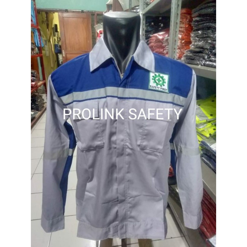 SERAGAM SAFETY RESLETING PUTIH TULANG KOMBINASI BIRU FREE LOGO KAIN DRILL TEBAL ADEM BAJU PROYEK