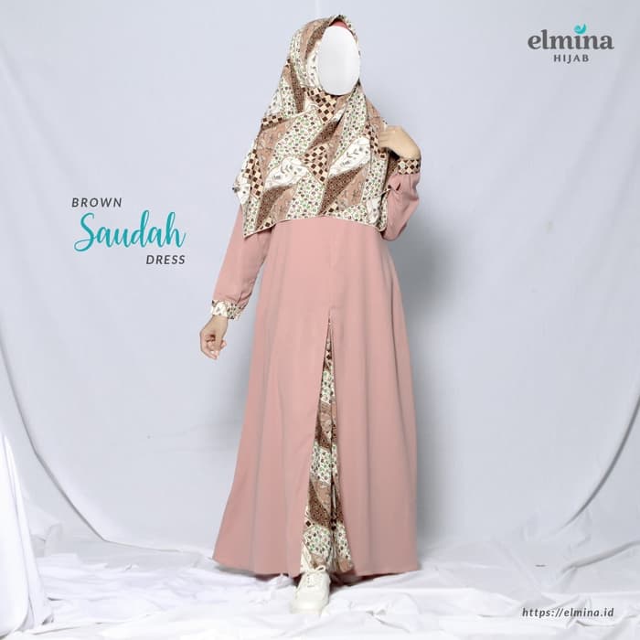 Saudah Dress gamis wollycrepe premium motif woolpeach by Elmina Hijab - Brown, S
