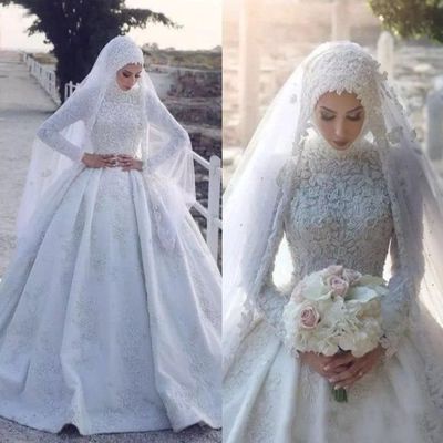 2022 Gaun Pengantin Muslim Leher Tinggi Lengan Panjang Renda Satin Gaun Pengantin Pernikahan