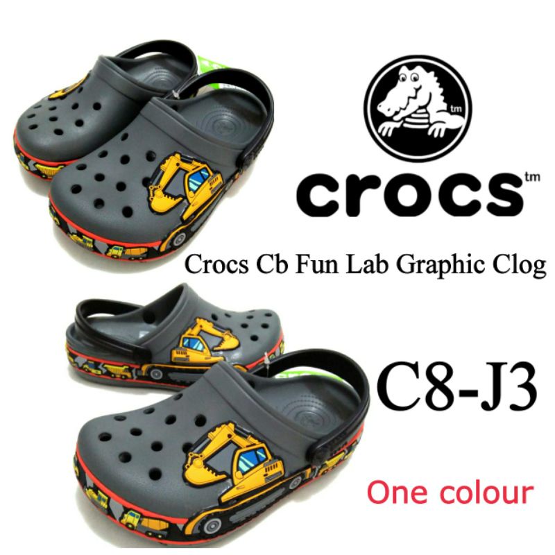 CROCS SANDAL ANAK COWOK LAKI LAKI FUN LAB GRAPHIC CLOG GAMBAR EXCAVATOR SIZE C8-j3