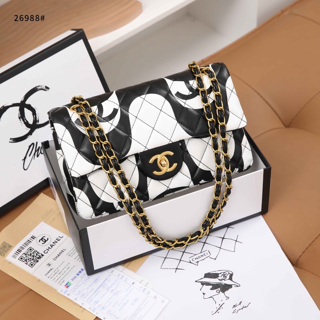 Ch Printed Black &amp; Ecru 19 Large Flap Bag 26988