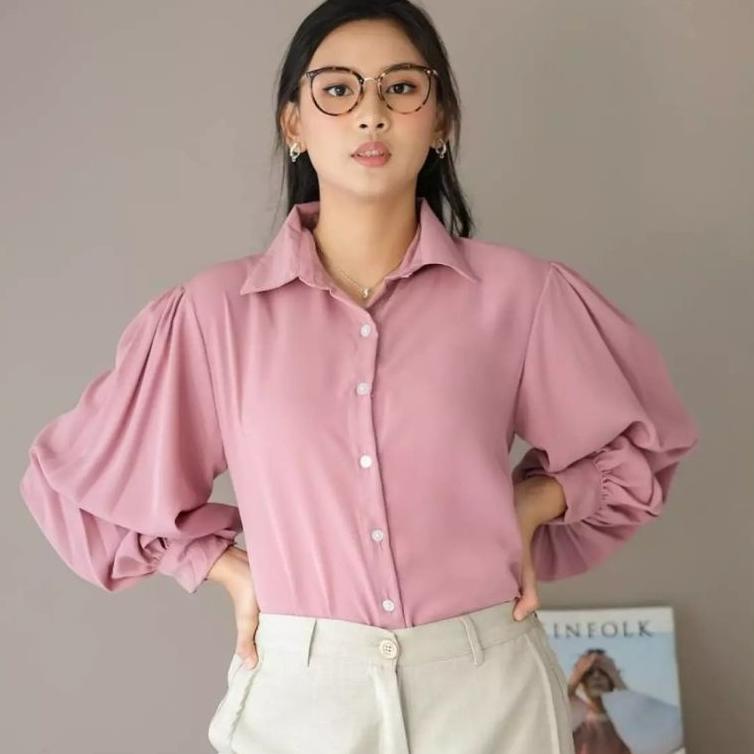 KEMEJA PUTIH MOCCA LILAC HITAM / KEMEJA FORMAL LENGAN RUFFLE  / INNER ROMPI MODEL LENGAN BALON / ATA