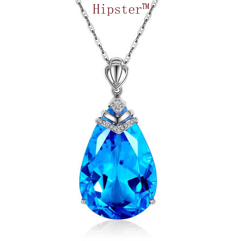 Hot Sale Classic Fashion Pear-Shaped Blue Tourmaline Pendant White Gold Necklace