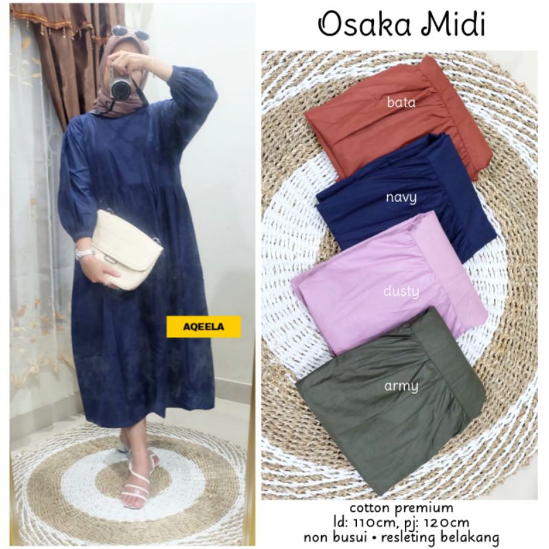 Osaka Midi Dress Maxy Gamis Casual Polos Katun Premium Ld 110 Jumbo Fit XXL Aksen Rempel By Aqeela