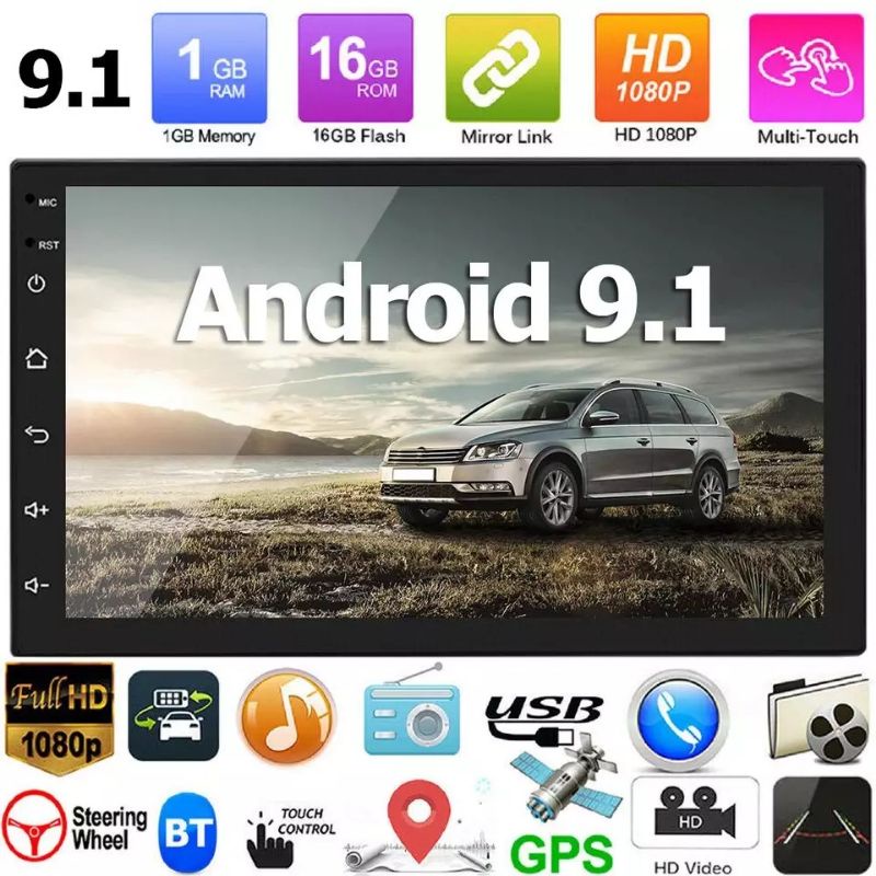 head unit 2 din double din tape mobil android 9.1 32gb layar HD 7 inch free camera parkir