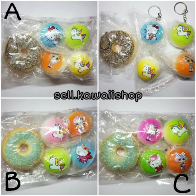 Squishy paket isi 5 donut & mini bun | donat coklat biru murah 5pcs pc lol unicorn bakpao karakter