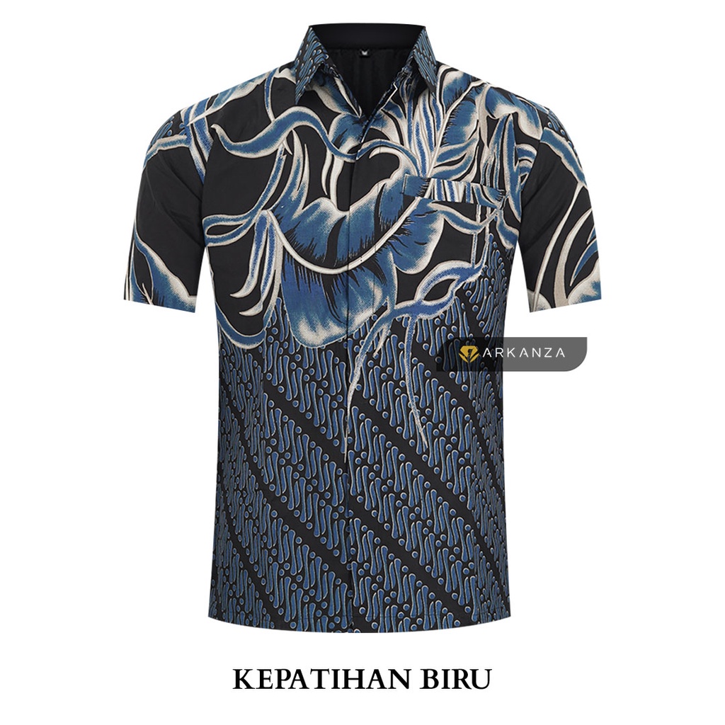 BATIK ARKANZA Motif KEPATIHAN BIRU Hem Atasan Kemeja Baju Batik Pria Cowok Laki Laki Slimfit Full Lapis Furing Lengan Pendek