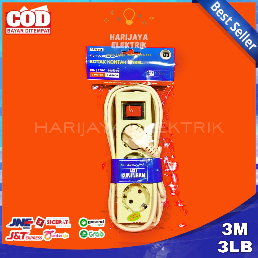 STOP KONTAK 3 LUBANG + KABEL 3M 3 METER STARLUX COLOKAN LISTRIK SAKLAR