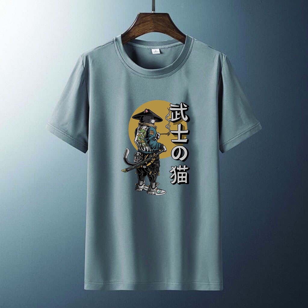 Kaos Distro Pria Gambar Jepang Tulisan Jepang samurai Atasan Pendek T-shirt Pria Dewasa Baju Unisex cowok cewek